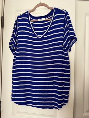 Zenana Plus size Blue & White Striped V-Neck Tee